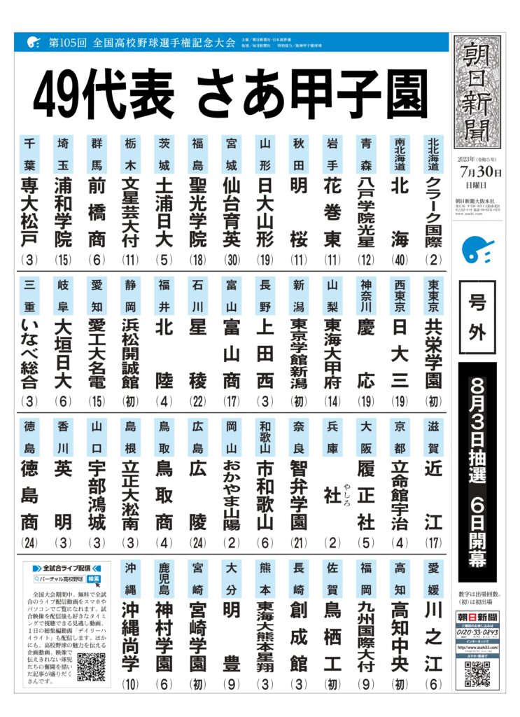高校野球号外】夏の甲子園へ49代表！